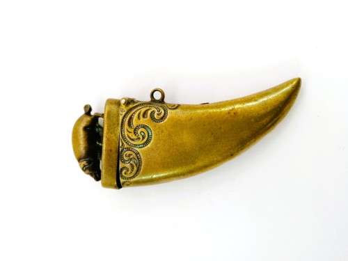 C.1890 Brass Vesta Case, or match case,chatelaine tusk shaped with a pig or boar on the lid #