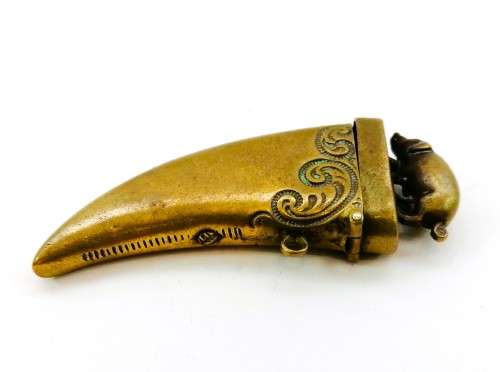 C.1890 Brass Vesta Case, or match case,chatelaine tusk shaped with a pig or boar on the lid #