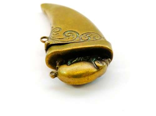 C.1890 Brass Vesta Case, or match case,chatelaine tusk shaped with a pig or boar on the lid #