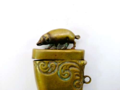 C.1890 Brass Vesta Case, or match case,chatelaine tusk shaped with a pig or boar on the lid #