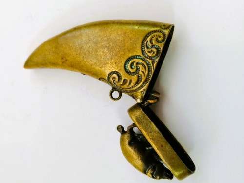 C.1890 Brass Vesta Case, or match case,chatelaine tusk shaped with a pig or boar on the lid #