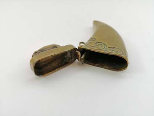 C.1890 Brass Vesta Case, or match case,chatelaine tusk shaped with a pig or boar on the lid #