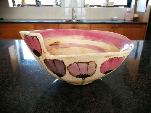 Stunning Large Hand Painted bowl with Pink Flowers Tulips KOEKOE POTS CERAMICS