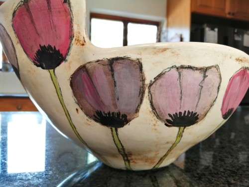 Stunning Large Hand Painted bowl with Pink Flowers Tulips KOEKOE POTS CERAMICS