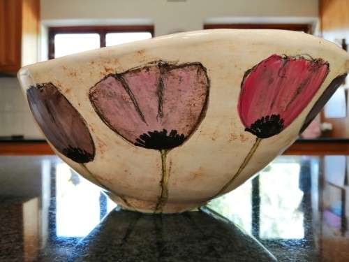 Stunning Large Hand Painted bowl with Pink Flowers Tulips KOEKOE POTS CERAMICS