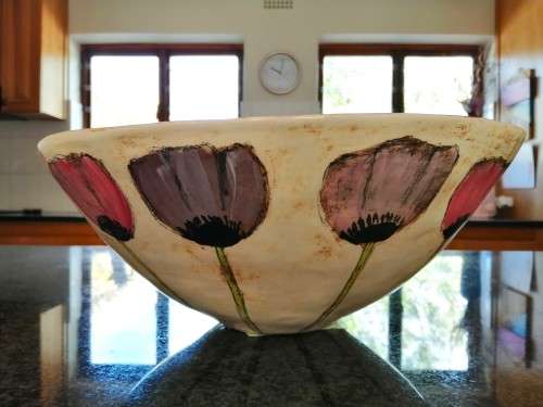 Stunning Large Hand Painted bowl with Pink Flowers Tulips KOEKOE POTS CERAMICS