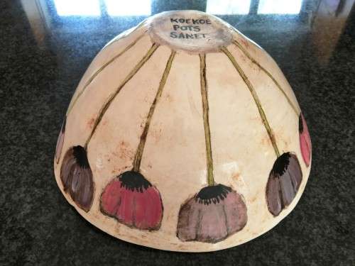 Stunning Large Hand Painted bowl with Pink Flowers Tulips KOEKOE POTS CERAMICS