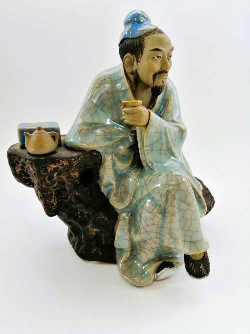 Large Chinese Shiwan Mud Man Scholar drinking tea