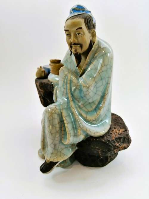 Large Chinese Shiwan Mud Man Scholar drinking tea