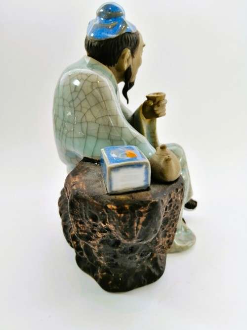 Large Chinese Shiwan Mud Man Scholar drinking tea