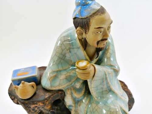 Large Chinese Shiwan Mud Man Scholar drinking tea