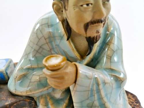Large Chinese Shiwan Mud Man Scholar drinking tea