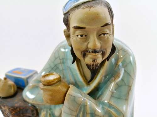 Large Chinese Shiwan Mud Man Scholar drinking tea