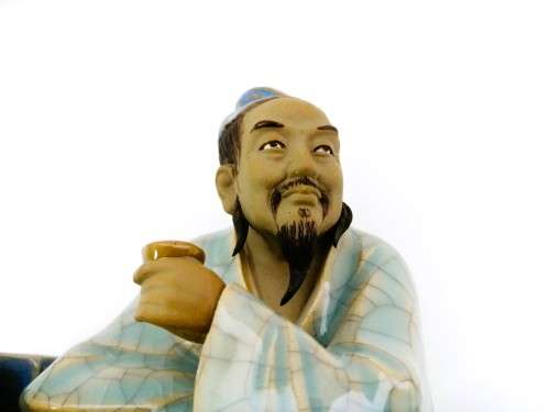 Large Chinese Shiwan Mud Man Scholar drinking tea