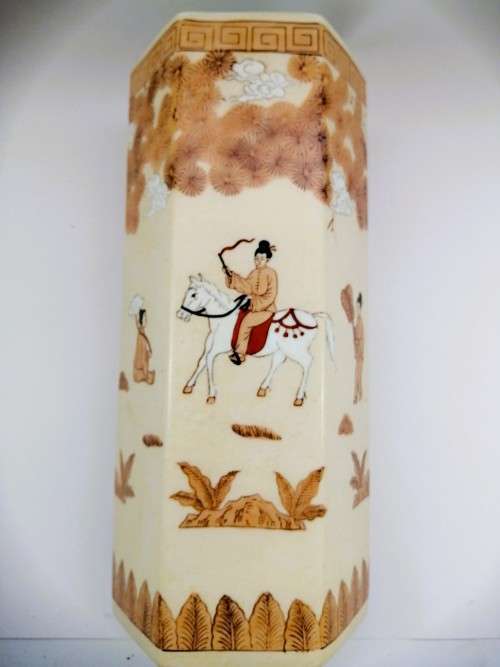 Japanese Tall hexagonal vase decorated with figures