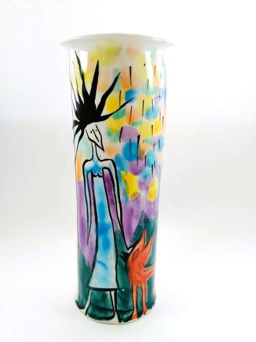 Japanese vibrant hexagonal tall vase decorated with figures