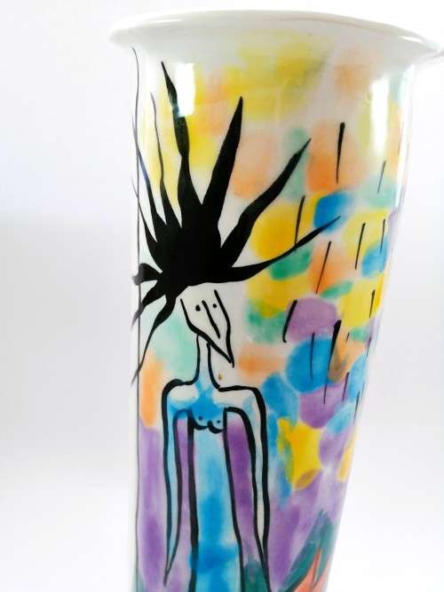 Japanese vibrant hexagonal tall vase decorated with figures