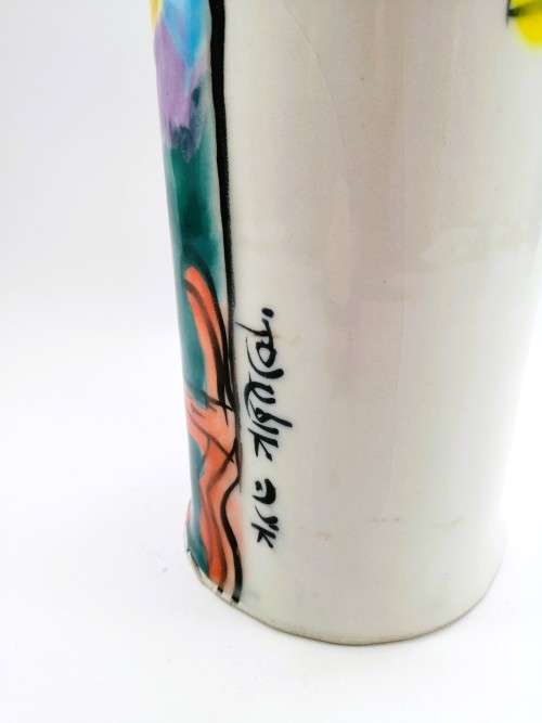 Japanese vibrant hexagonal tall vase decorated with figures
