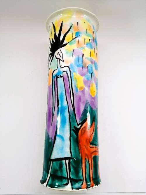 Japanese vibrant hexagonal tall vase decorated with figures