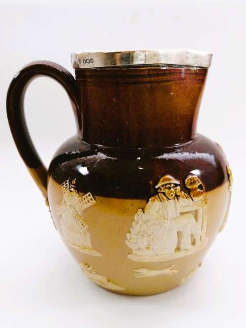 Antique Doulton Lambeth Victorian Hallmarked James Deakin Silver Collared Hunting Jug Pitcher