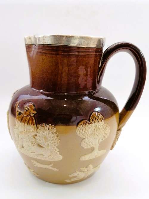 Antique Doulton Lambeth Victorian Hallmarked James Deakin Silver Collared Hunting Jug Pitcher