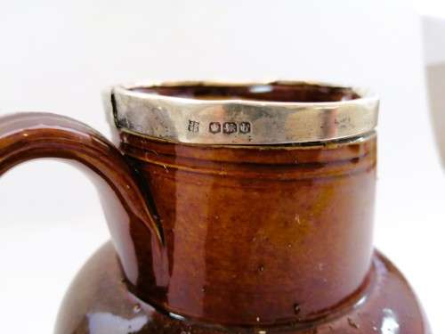 Antique Doulton Lambeth Victorian Hallmarked James Deakin Silver Collared Hunting Jug Pitcher