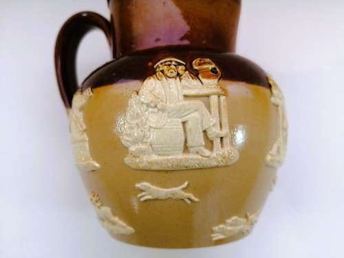 Antique Doulton Lambeth Victorian Hallmarked James Deakin Silver Collared Hunting Jug Pitcher