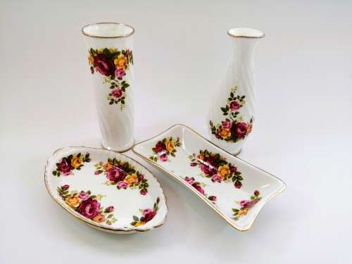 Fine Bone China Cottage Rose set of 4 items with gold trim.