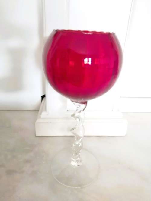 Mid Century Vintage Hand Blown Italian Glass Large Red Vase Goblet  / on a twisted stem