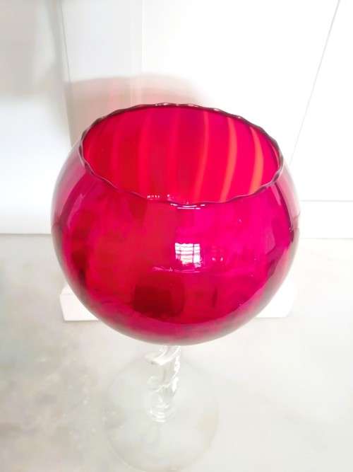 Mid Century Vintage Hand Blown Italian Glass Large Red Vase Goblet  / on a twisted stem
