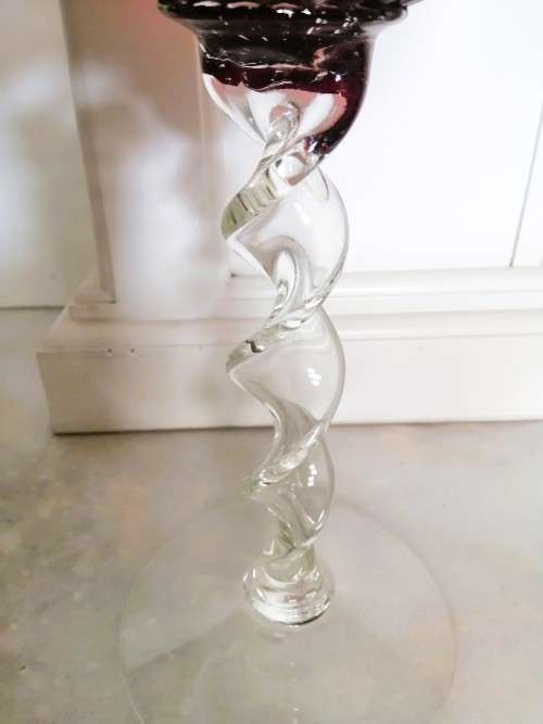 Mid Century Vintage Hand Blown Italian Glass Large Red Vase Goblet  / on a twisted stem