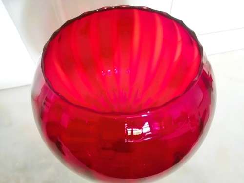 Mid Century Vintage Hand Blown Italian Glass Large Red Vase Goblet  / on a twisted stem