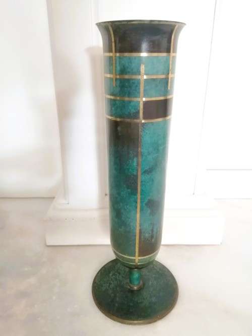 Art Deco WMF Ikora patinated very tall metal tubular vase