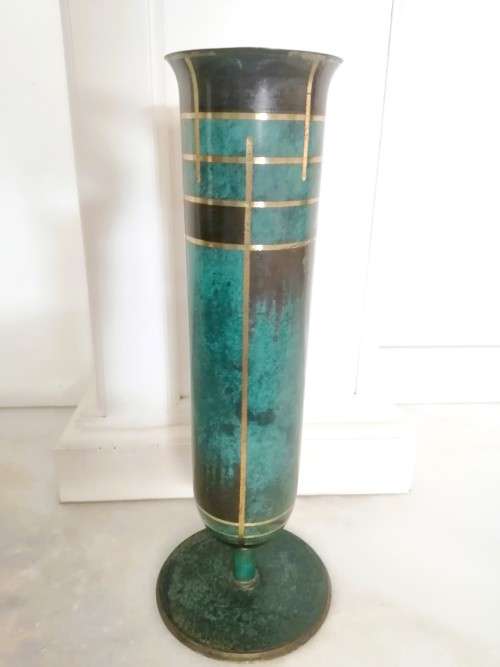 Art Deco WMF Ikora patinated very tall metal tubular vase