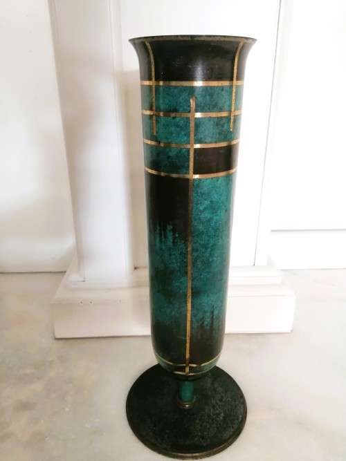 Art Deco WMF Ikora patinated very tall metal tubular vase