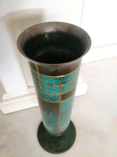 Art Deco WMF Ikora patinated very tall metal tubular vase