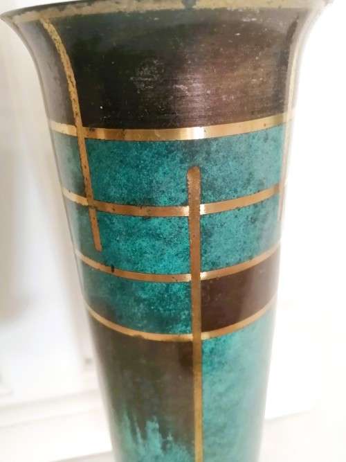Art Deco WMF Ikora patinated very tall metal tubular vase