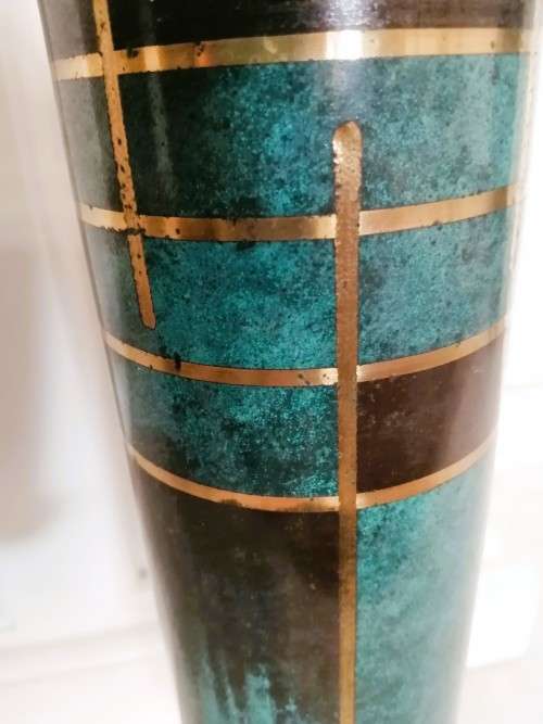 Art Deco WMF Ikora patinated very tall metal tubular vase
