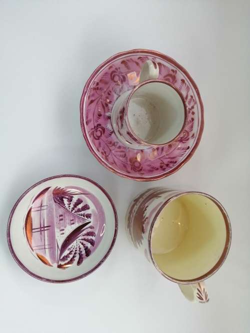 Victorian Pink luster Plate Large mug cup and saucers