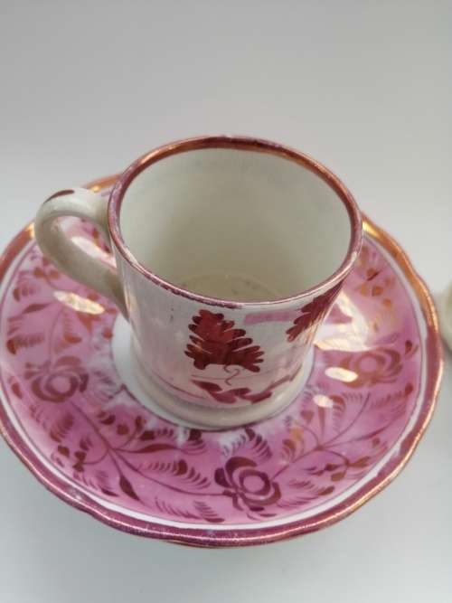 Victorian Pink luster Plate Large mug cup and saucers