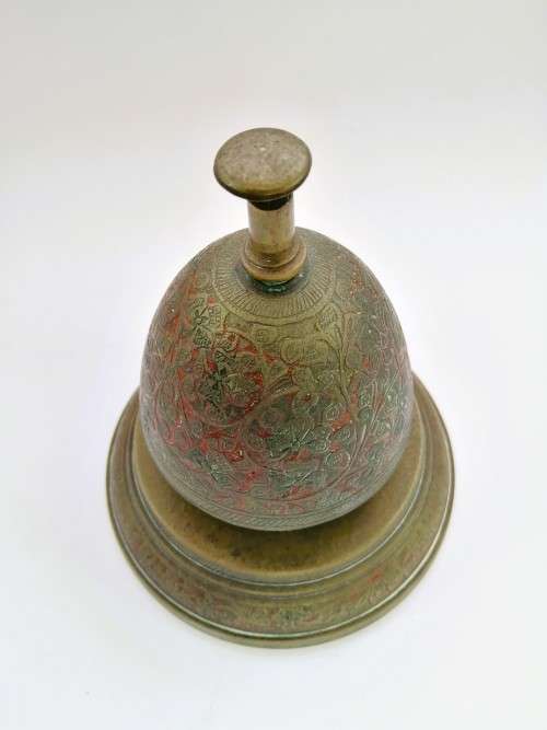 Large Vintage Detailed Oriental Enameled Brass Bell
