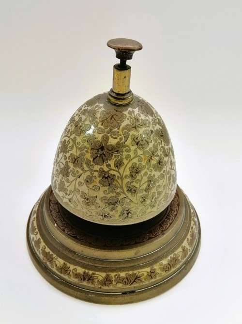 Large Vintage Detailed Oriental Enameled Brass Bell