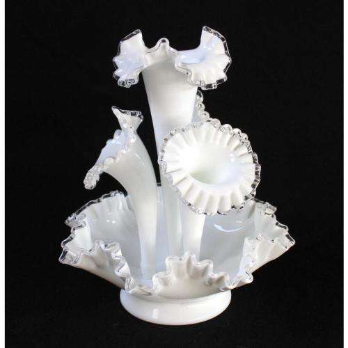 Rare vintage Fenton milk glass Silver Crest four horn epergne Centerpiece