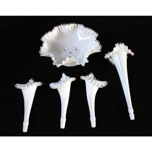 Rare vintage Fenton milk glass Silver Crest four horn epergne Centerpiece