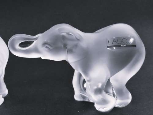 Two Lalique frosted crystal baby elephant figurines: `Timori` and `Timora`,