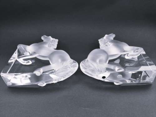 Pair of Lalique clear and frosted crystal Kazak rearing horse bookends designed by Marie-Claude
