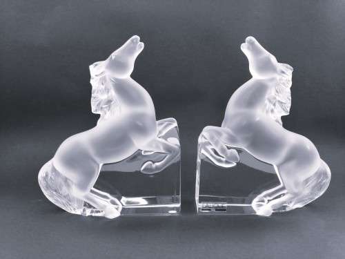 Pair of Lalique clear and frosted crystal Kazak rearing horse bookends designed by Marie-Claude