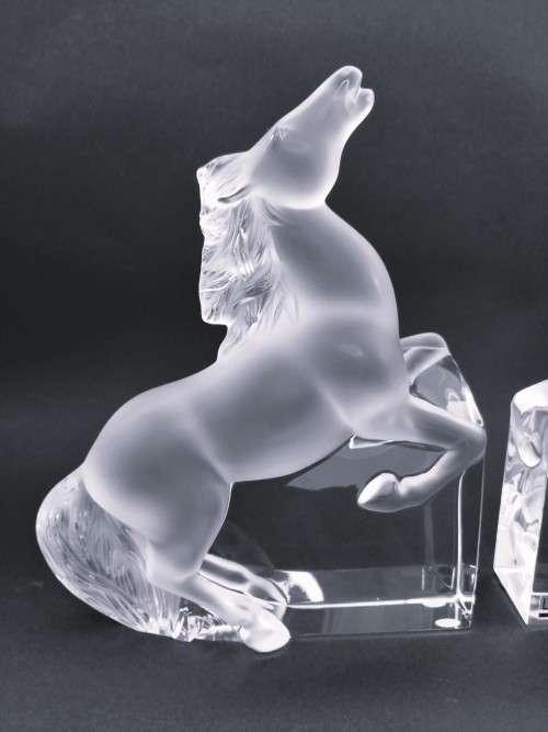 Pair of Lalique clear and frosted crystal Kazak rearing horse bookends designed by Marie-Claude