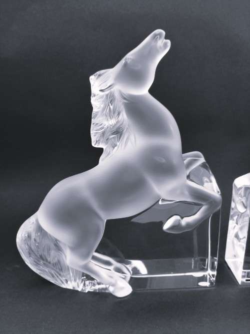 Pair of Lalique clear and frosted crystal Kazak rearing horse bookends designed by Marie-Claude