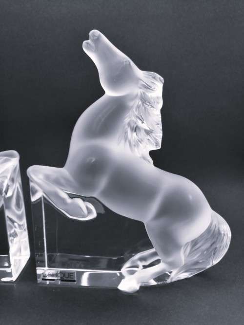 Pair of Lalique clear and frosted crystal Kazak rearing horse bookends designed by Marie-Claude